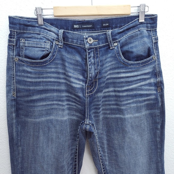 MENS BKE Tyler Straight Jeans Medium Wash Stretch Zip/Button Fly Size 34 x 34 - Picture 2 of 12